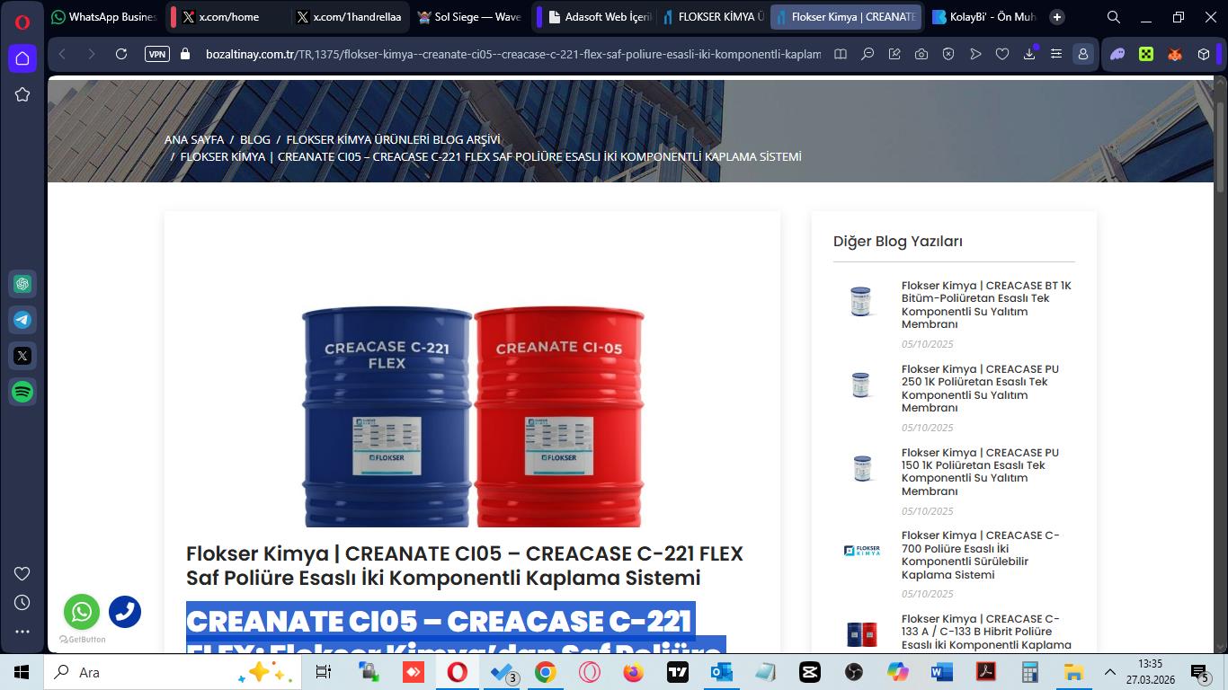 Flokser Kimya | CREANATE CI05 – CREACASE C-221 FLEX Saf Poliüre Esaslı İki Komponentli Kaplama Sistemi